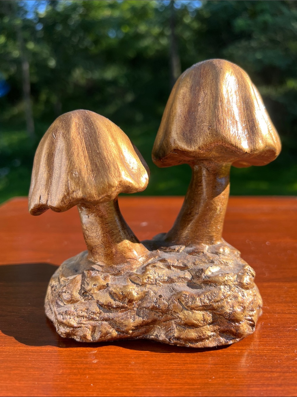 Vintage Mid-Century Modern Gold Mushrooms on Log Base Statue Sculpture
